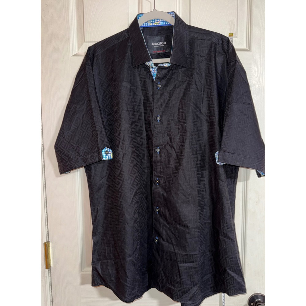 Maczoo Mens 2XL Black Italian Jacquard Short Sleeve Button Down Shirt Geometric